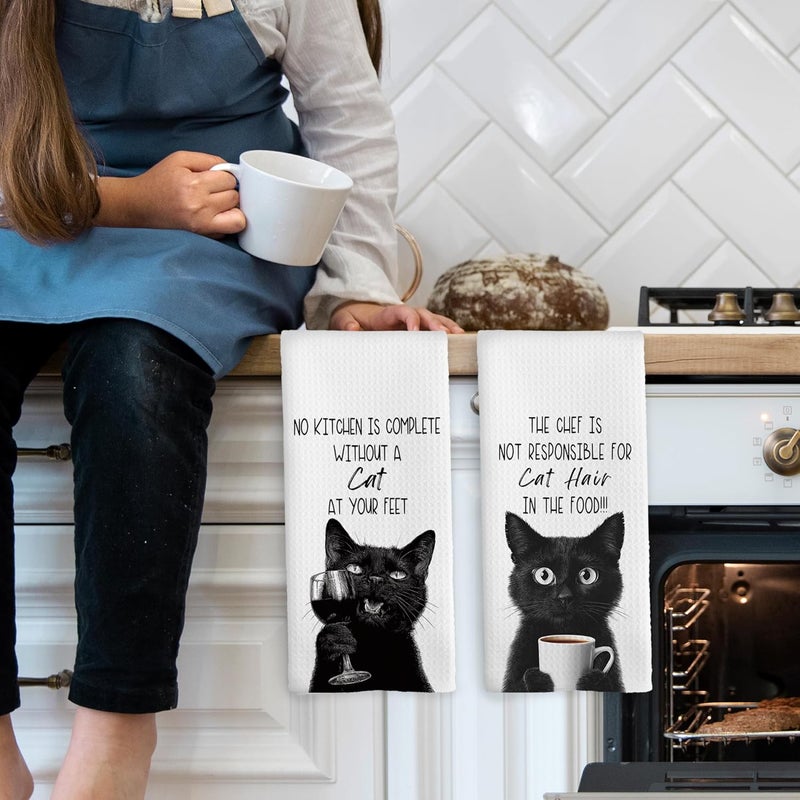 Mcehtle Funny Cat Kitchen Towels Set of 2, Cats Kitchen Accessories, Coffee Wine Station Decor, Chef Gift Hand Towel, No Kitchen is Complete Without a Cat at Your Feet Tea Towel 16x24 Inch - Image 3